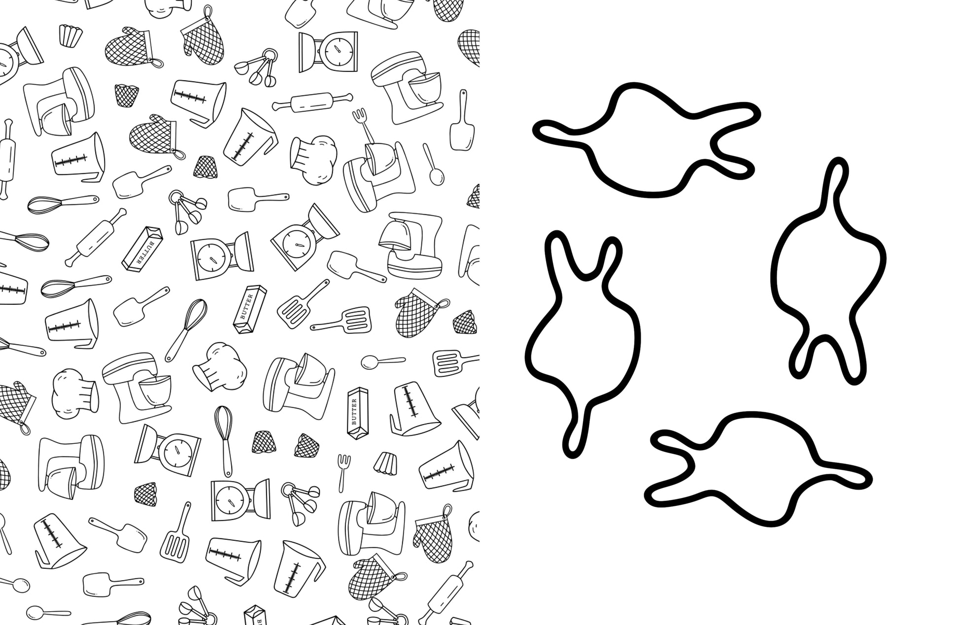 Pattern of kitchen utensils on one side and abstract shapes on the other, with a white background.