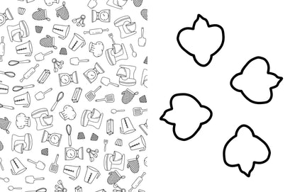 Pattern of kitchen utensils on one side and odd shaped cookie cutters on the other, with a white background.