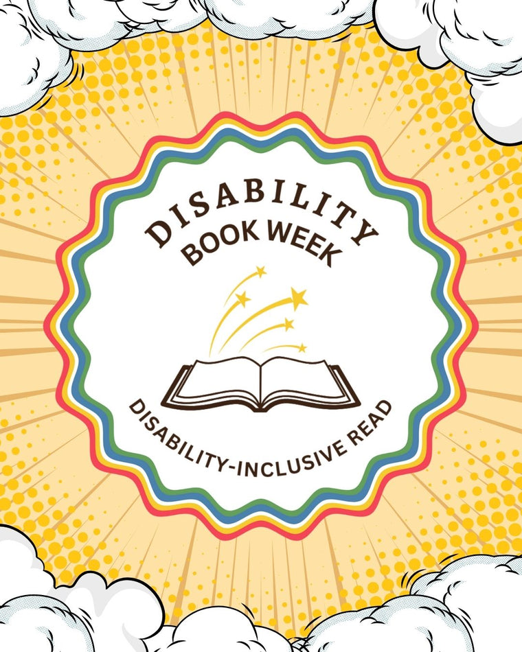 Book cover for Disability Book Week with a rainbow border and cloud design.