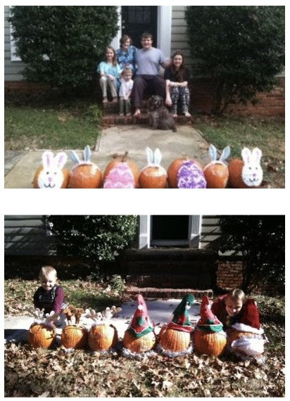 Two images showing pumpkins decorated for Easter with bunny ears and eggs and Christmas with reindeer ears and elf hats on a front lawn.