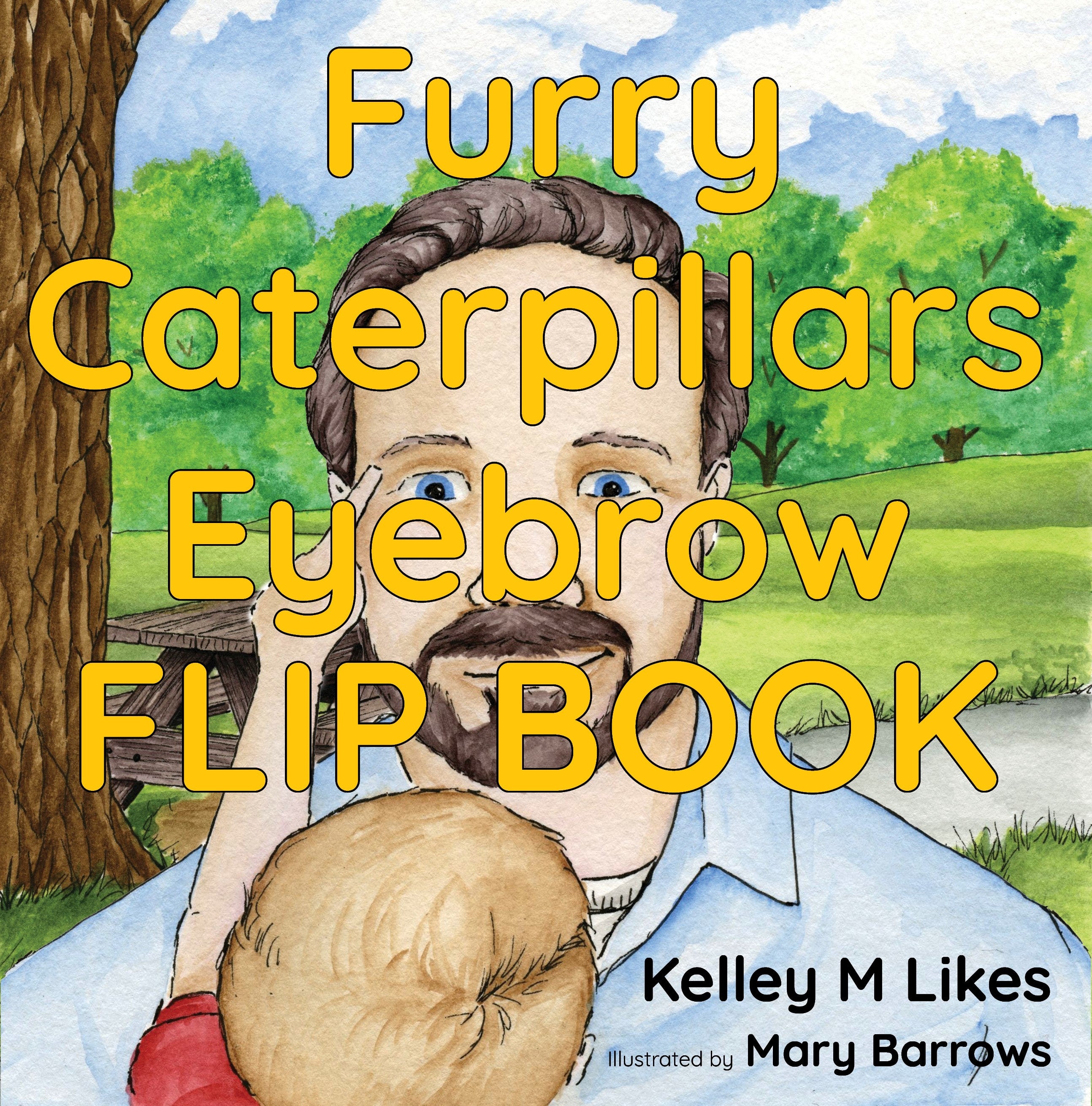 Cover of 'Furry Caterpillars Eyebrow FLIP BOOK' with a man and child illustration.