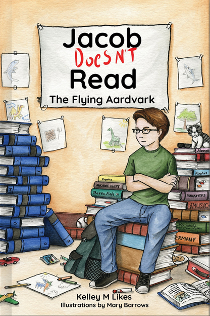 Book cover of 'Jacob Doesn't Read The Flying Aardvark' with a boy sitting on books surrounded by stacks of books and drawings.