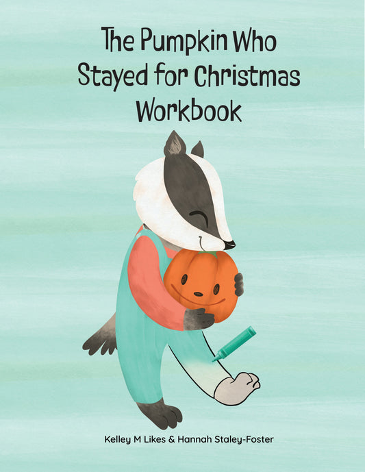 Workbook cover with a badger character holding an orange pumpkin on a light blue background