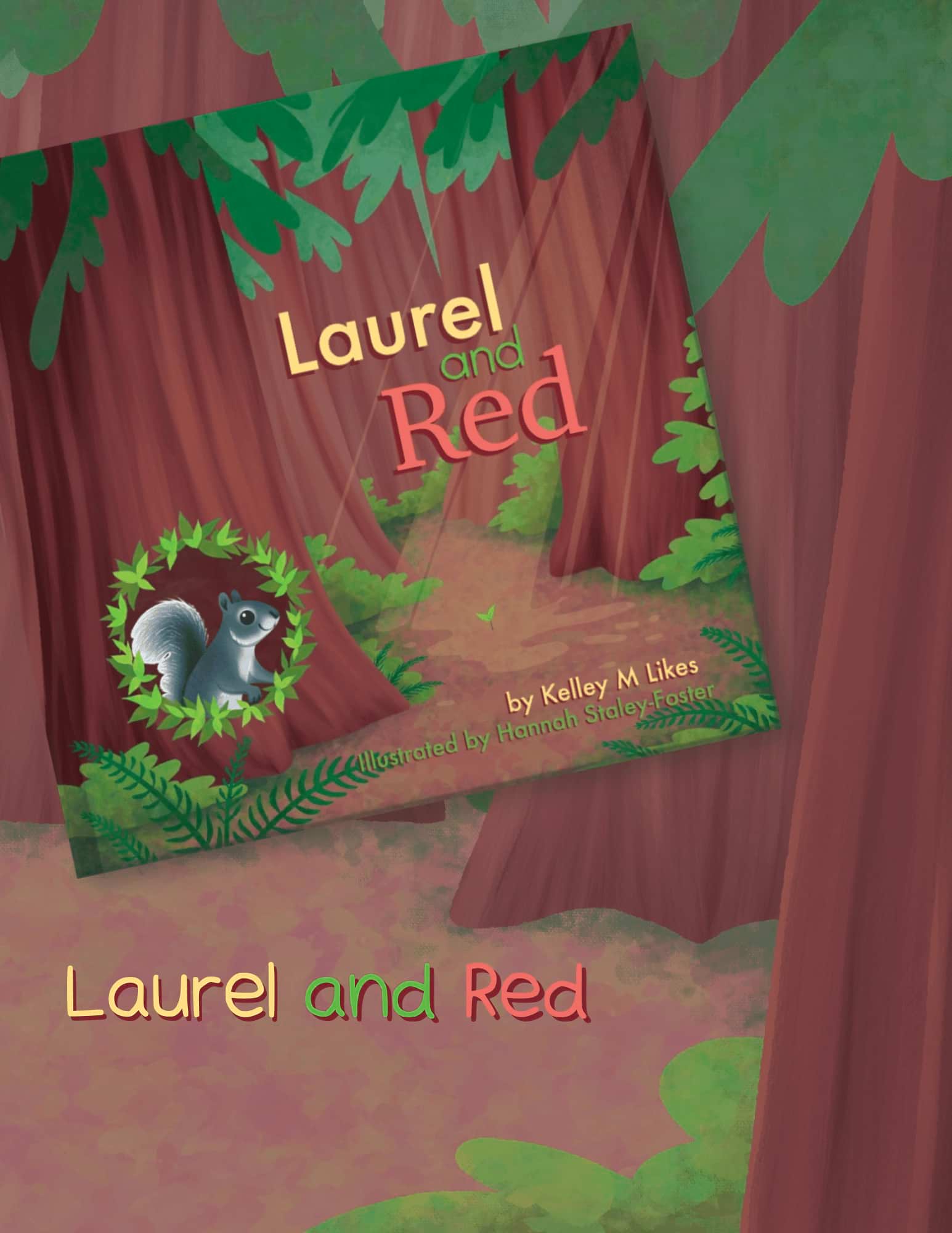 Book cover of 'Laurel and Red' with a stage design and squirrel illustration.