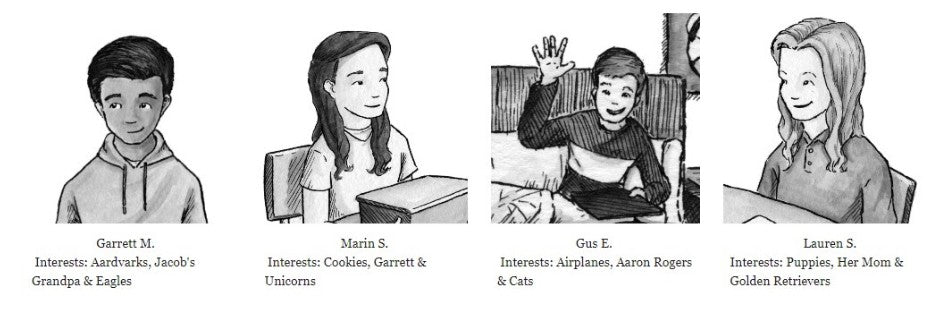 Four illustrated characters with their names and interests listed below.