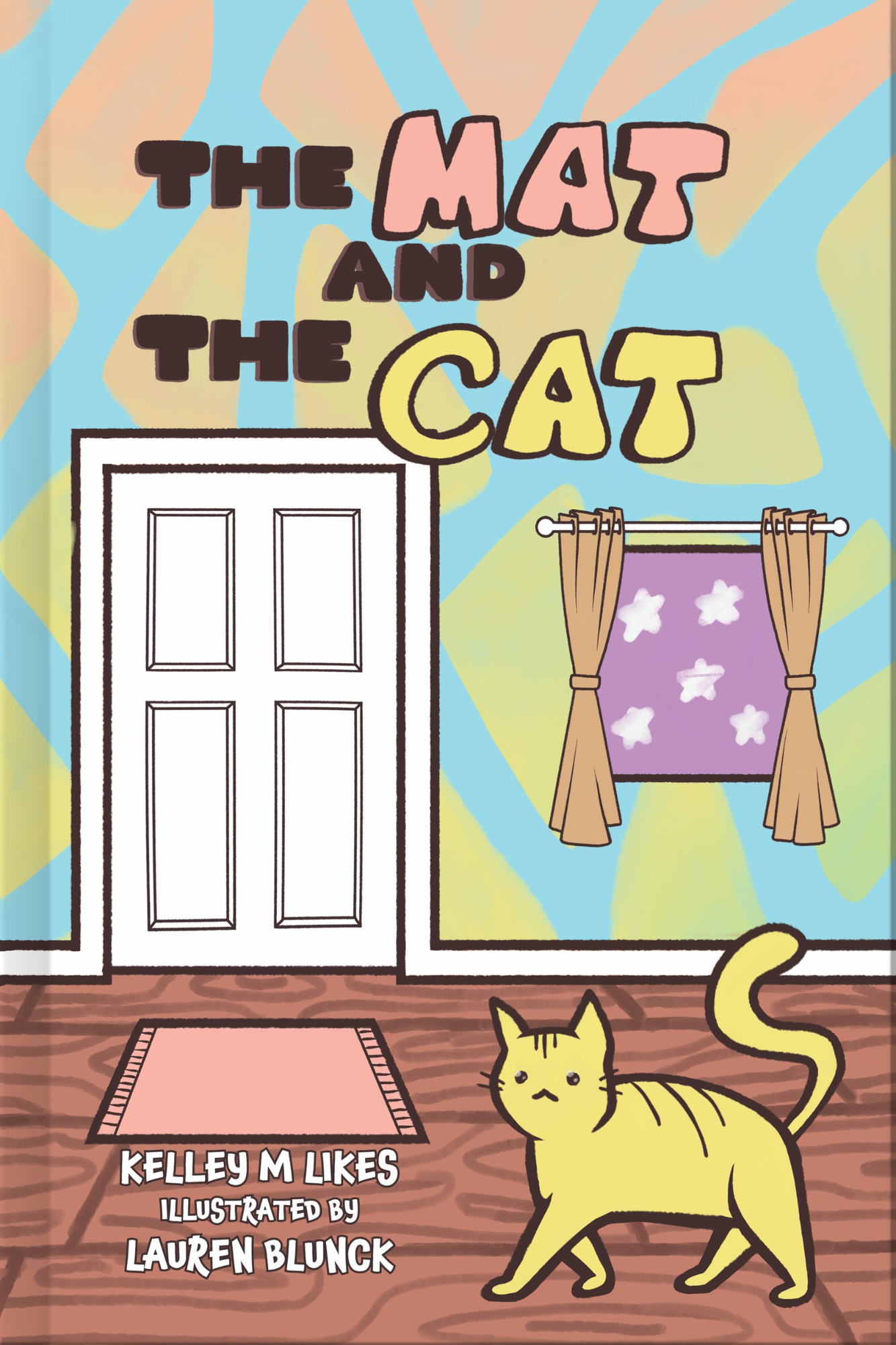 The image depicts the cover of a children's book titled "The Mat and the Cat." The book cover features a playful and colorful background with a depiction of a white door and a window with curtains.