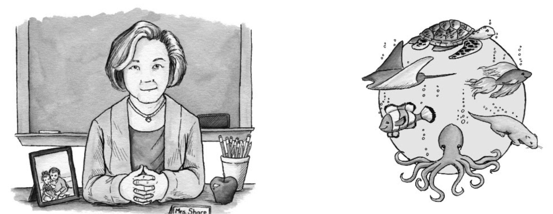 Illustration of a woman sitting at a desk with a framed photo, a cup, and an apple. To the right, there is an illustration of a sphere with sea creatures.