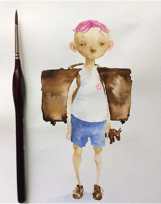 Illustration of a character with pink hair and a suitcase, next to a paintbrush on a white background