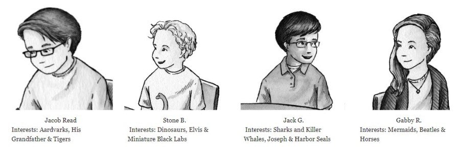 Illustrations of four children with their names and interests listed below.
