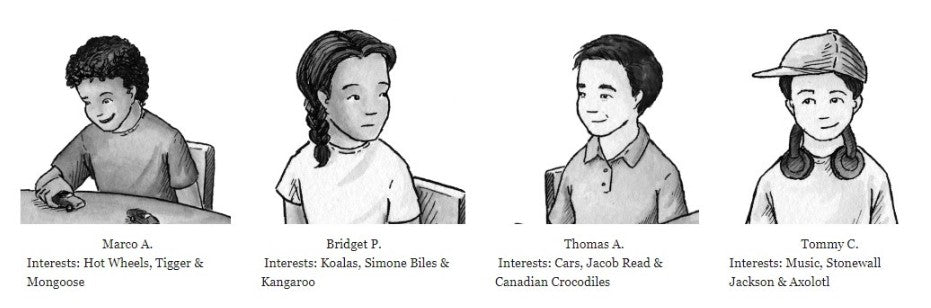 Black and white illustrations of four children with their names and interests listed below.