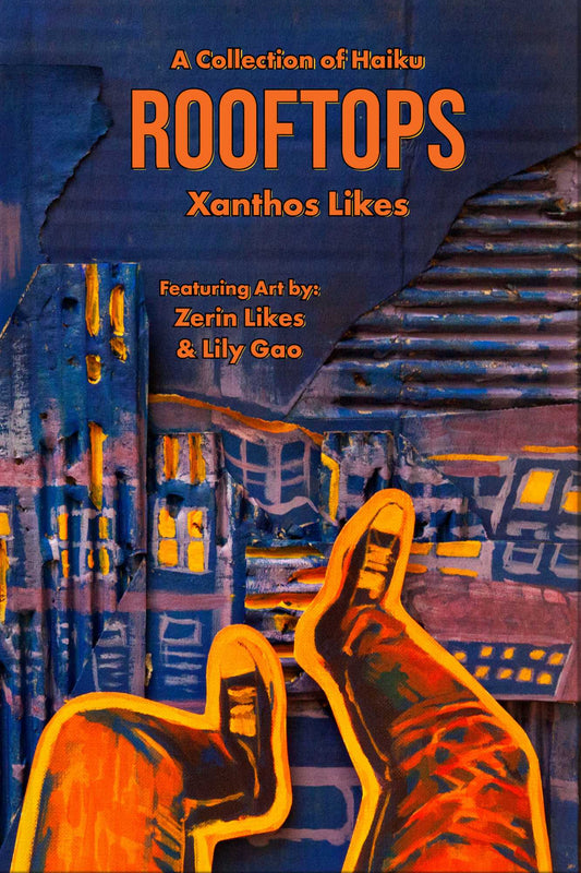 Book cover of 'Rooftops' featuring art by Zerin Likes & Lily Gao with legs dangling off the rooftop over a cityscape.