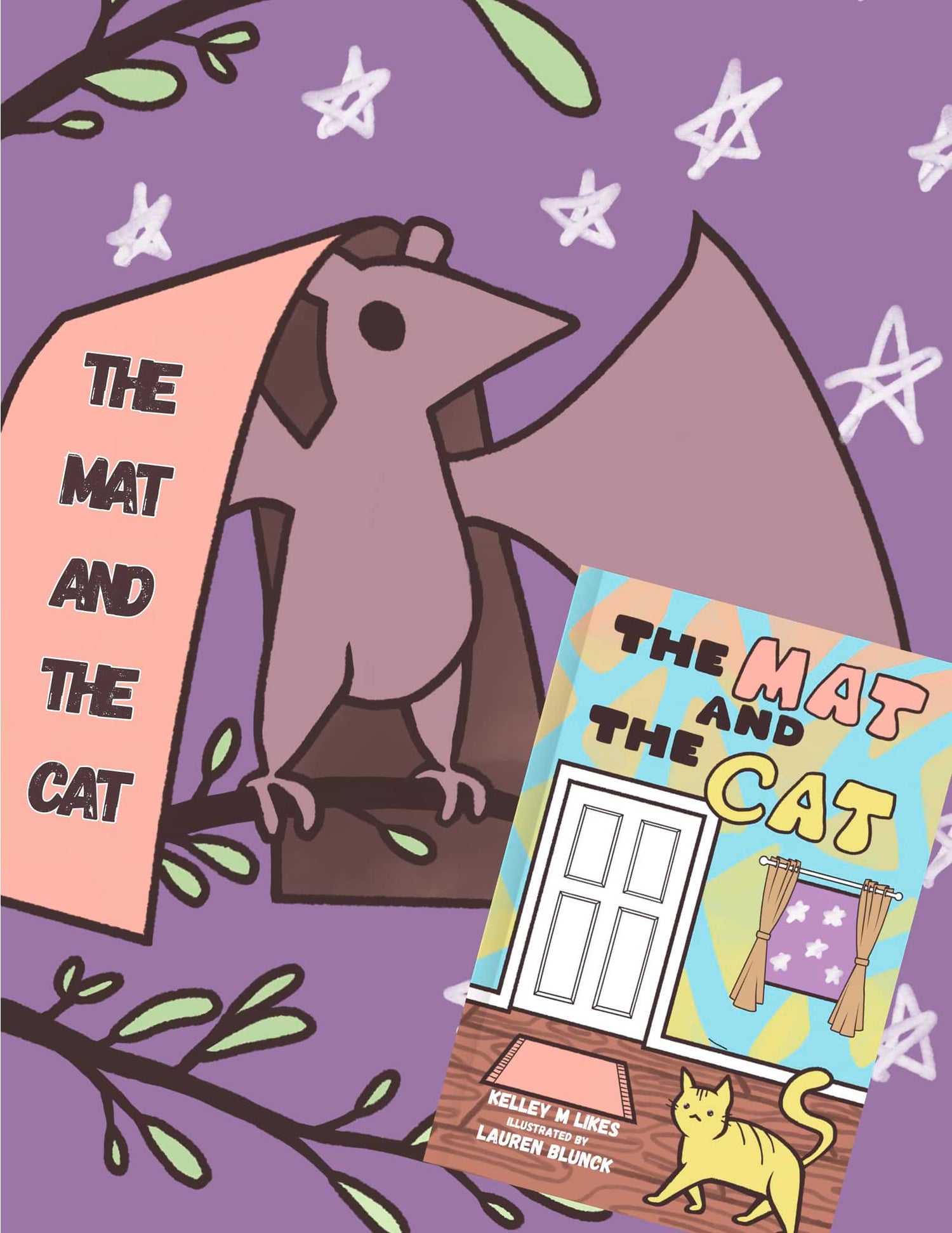 Children's book titled 'The Mat and The Cat' with a bat and cat illustration on a purple background.