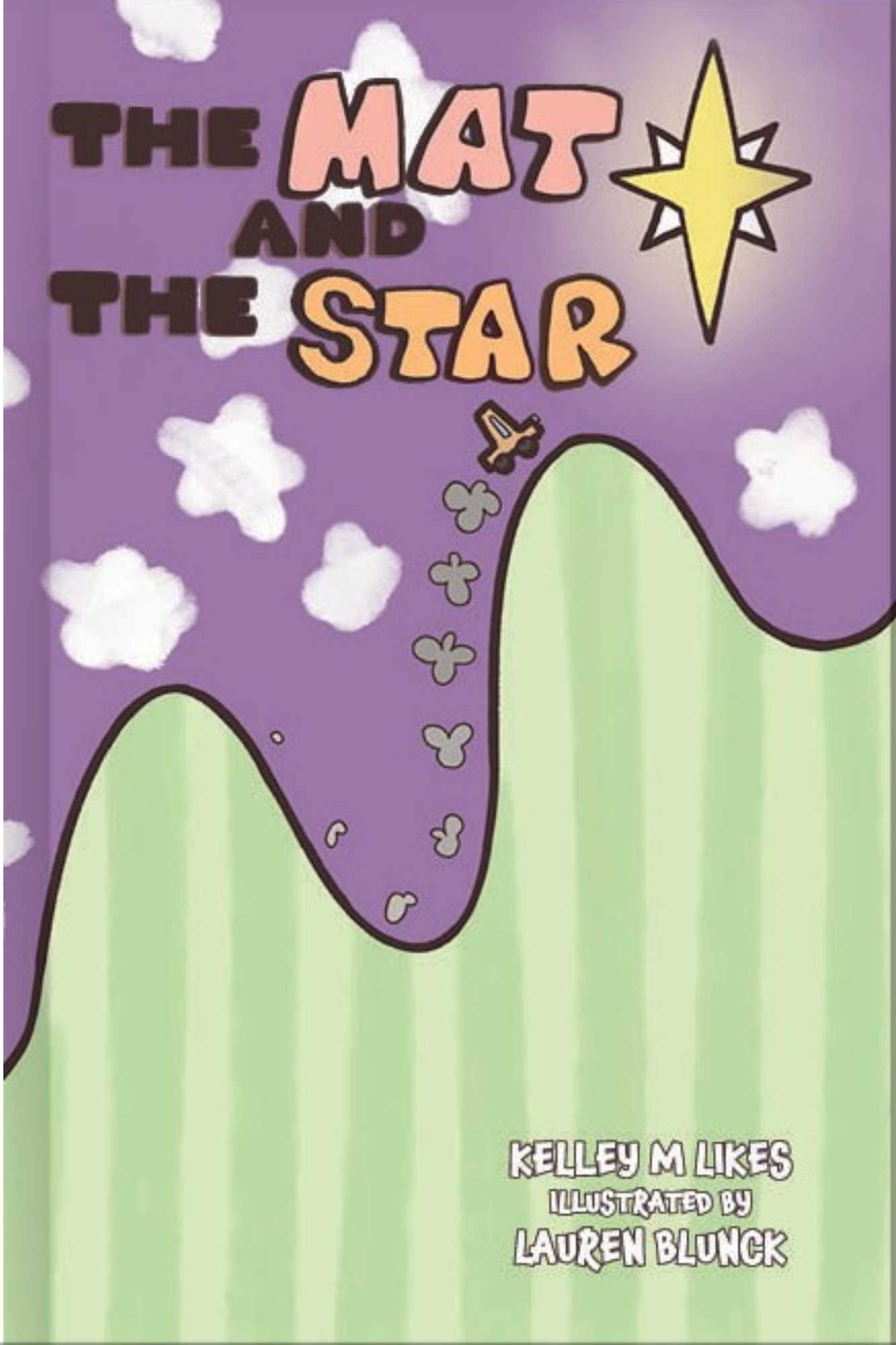 Book cover of 'The Mat and The Star' with a purple background, green mountains, and a yellow star.