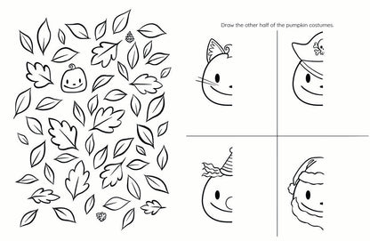 Pumpkin costume drawing activity with leaf patterns and partial costumes.