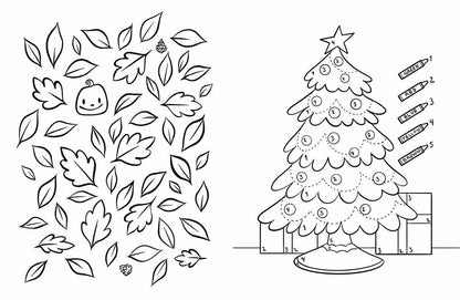 Coloring page with a Christmas tree and decorative elements on a white background