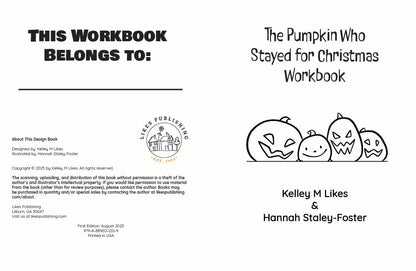 Cover of 'The Pumpkin Who Stayed for Christmas Workbook' with pumpkins and text.