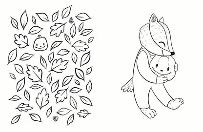 Black and white illustration of a badger and pumpkin with leaf pattern on a white background