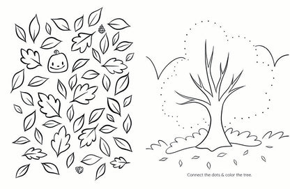 Coloring page with leaf patterns and a tree connect the dots on a white background