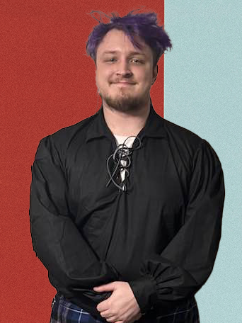 Person wearing a black shirt with a colorful background