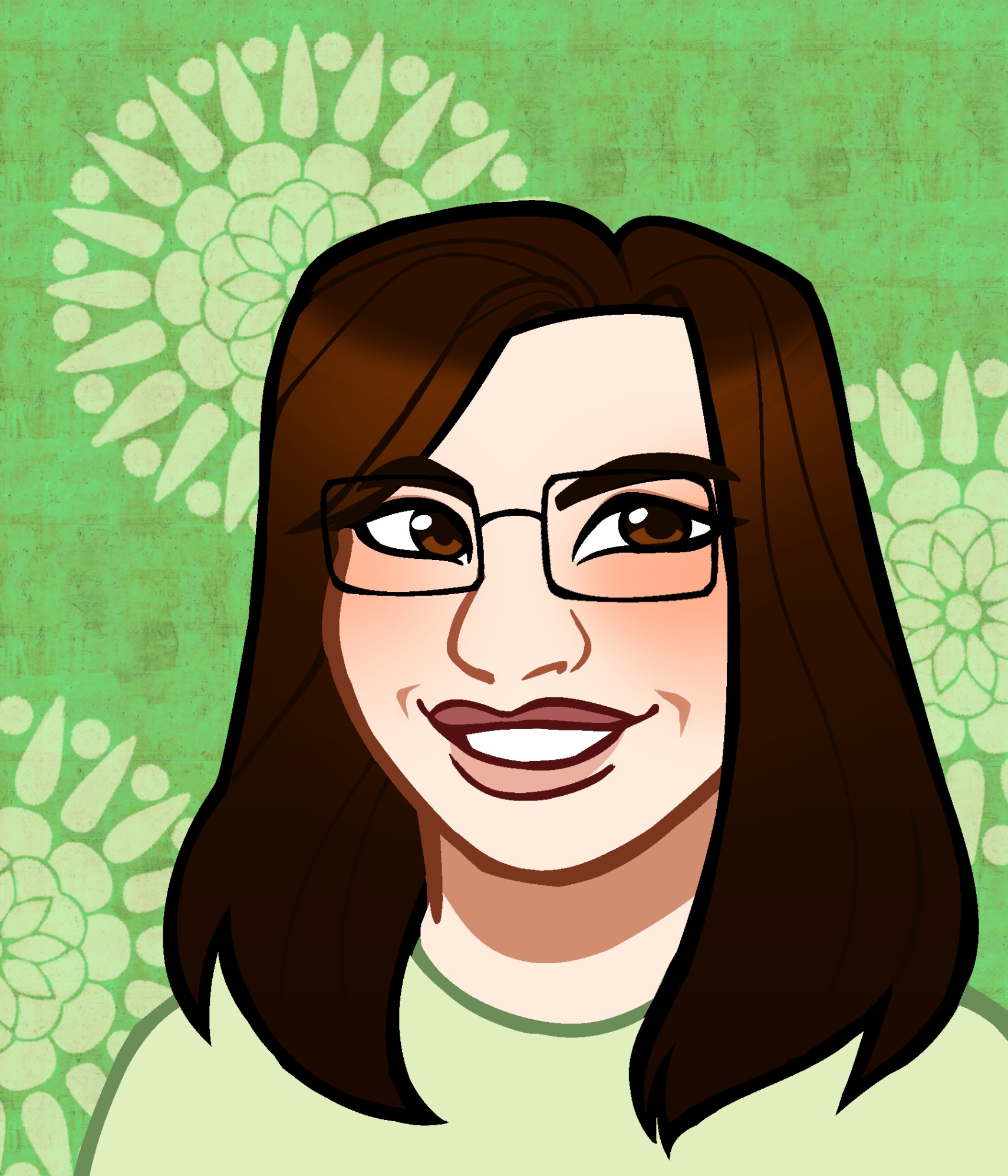 Illustration of a person with glasses on a green patterned background