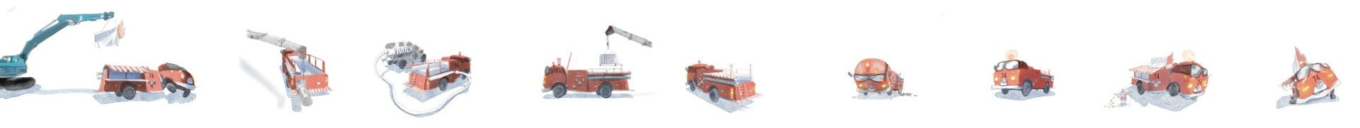Set of cartoon-style fire engines and equipment icons on a white background