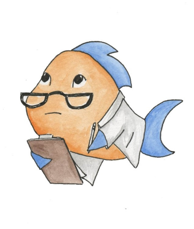 Cartoon character with fish tail wearing glasses and holding a book on a white background