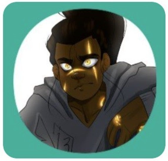 Animated character with gold face and gray outfit on a teal background