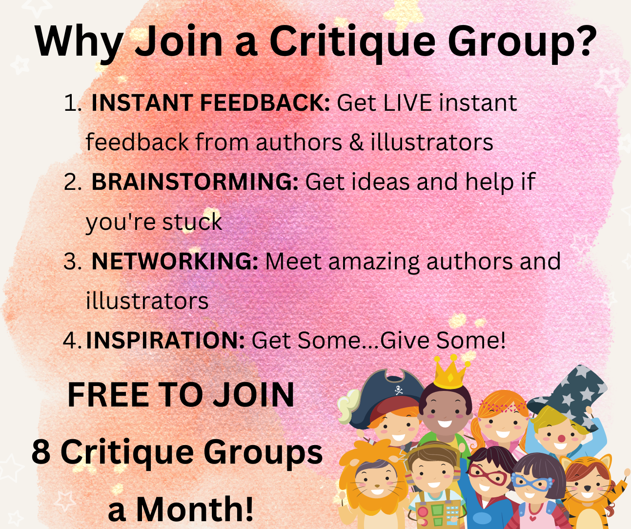 Promotional graphic for joining a critique group with text and cartoon characters.